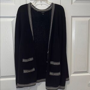 Talbots navy Cardigan with White and gray Trim